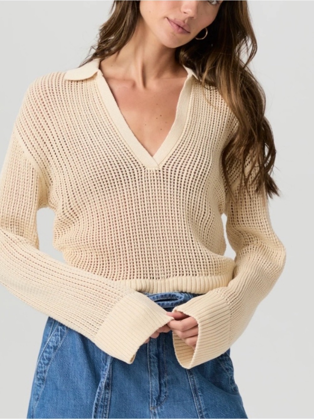 PAIGE Riva Collared Crochet Sweater - Ecru Size S